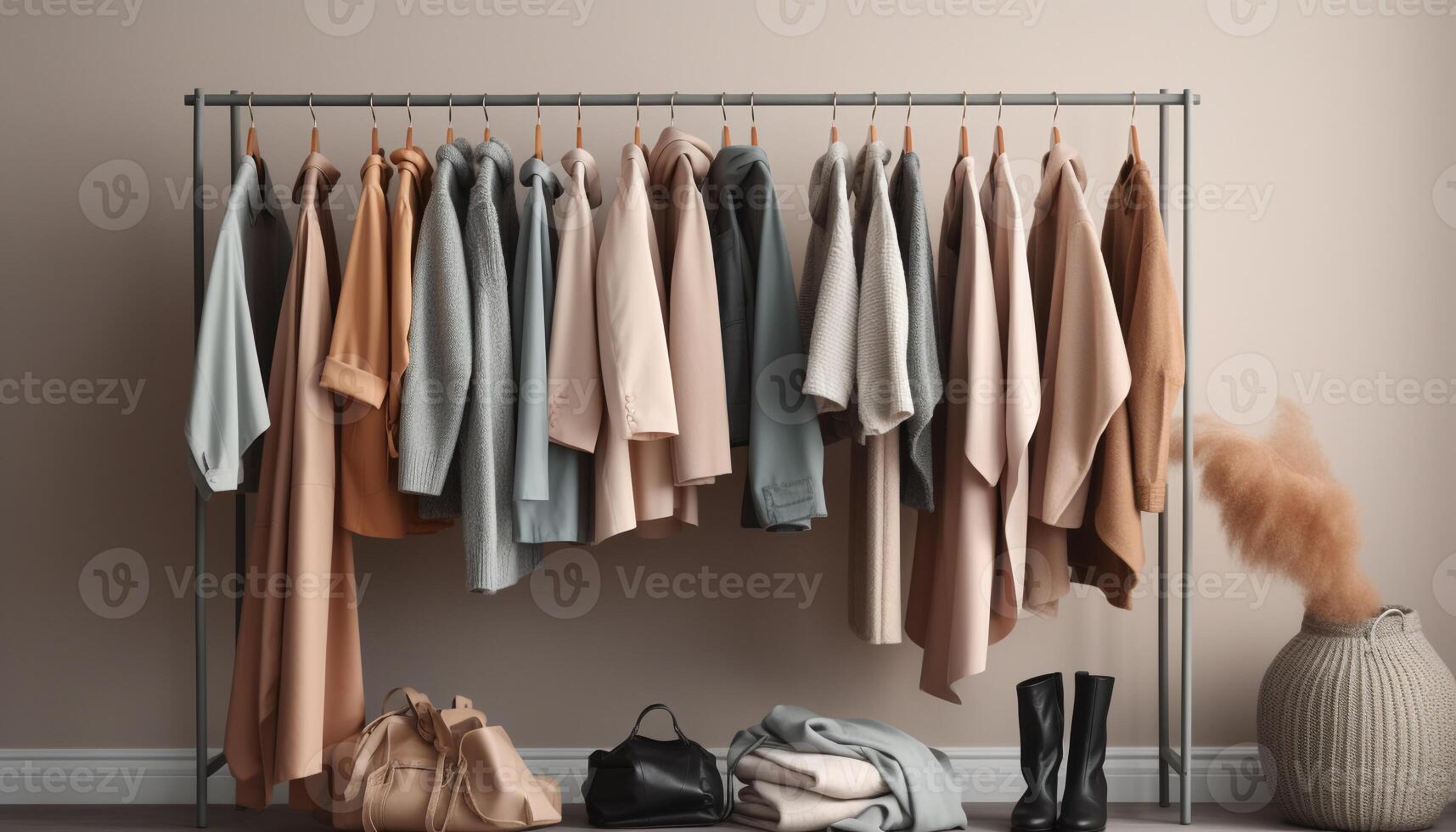 Fashionable clothing collection hanging in modern boutique generated by AI photo