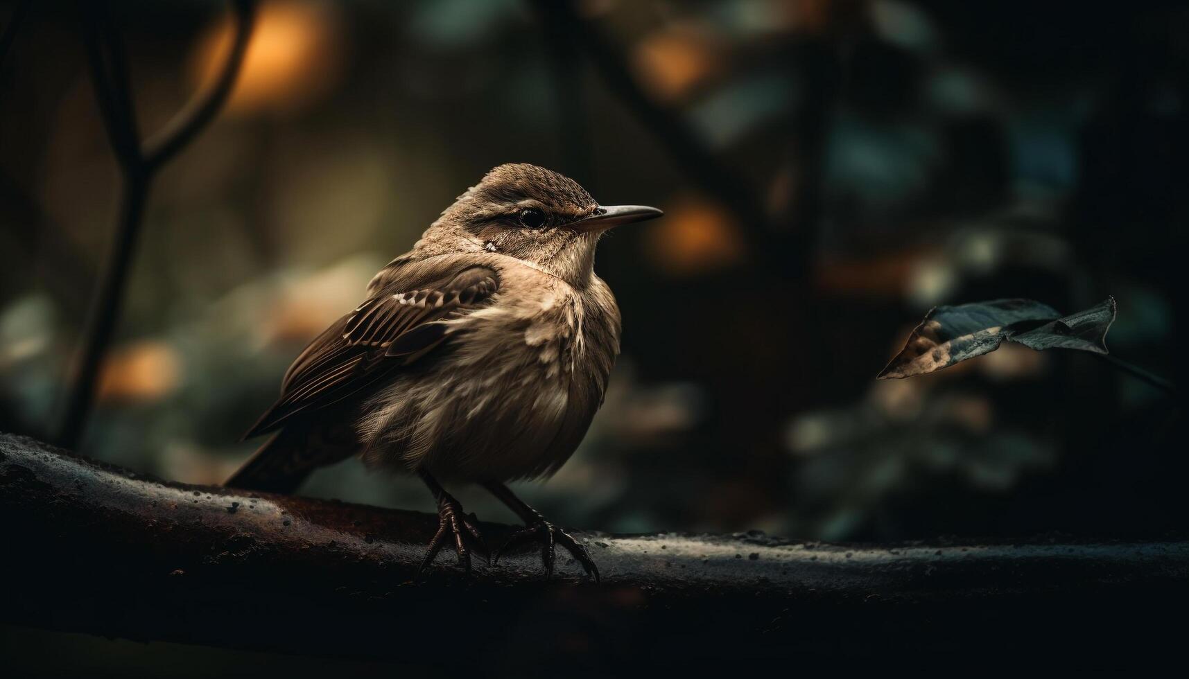 Small bird perching on branch, close up portrait generated by AI photo