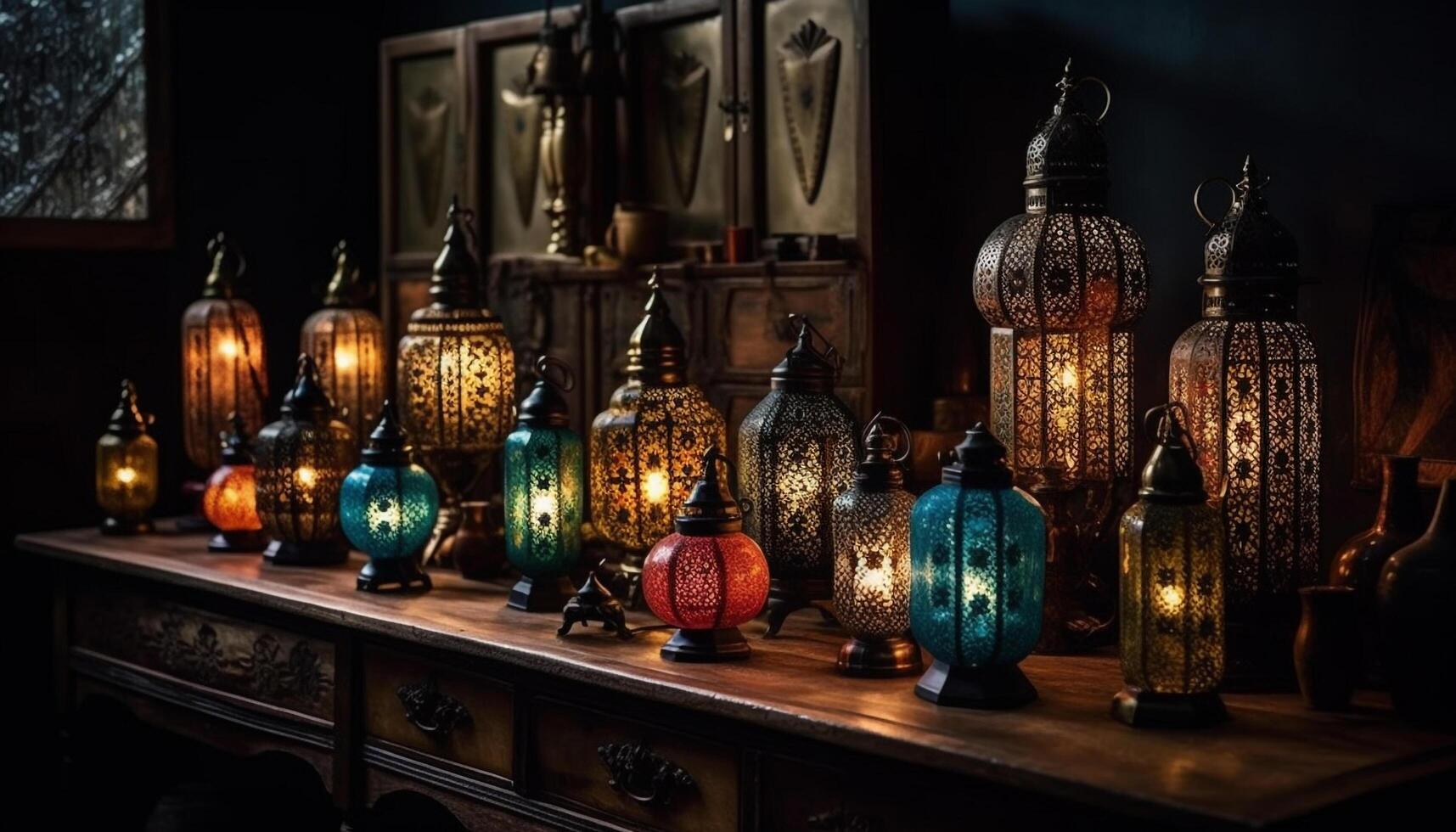 Ornate lantern illuminates dark domestic room with elegance generated by AI photo