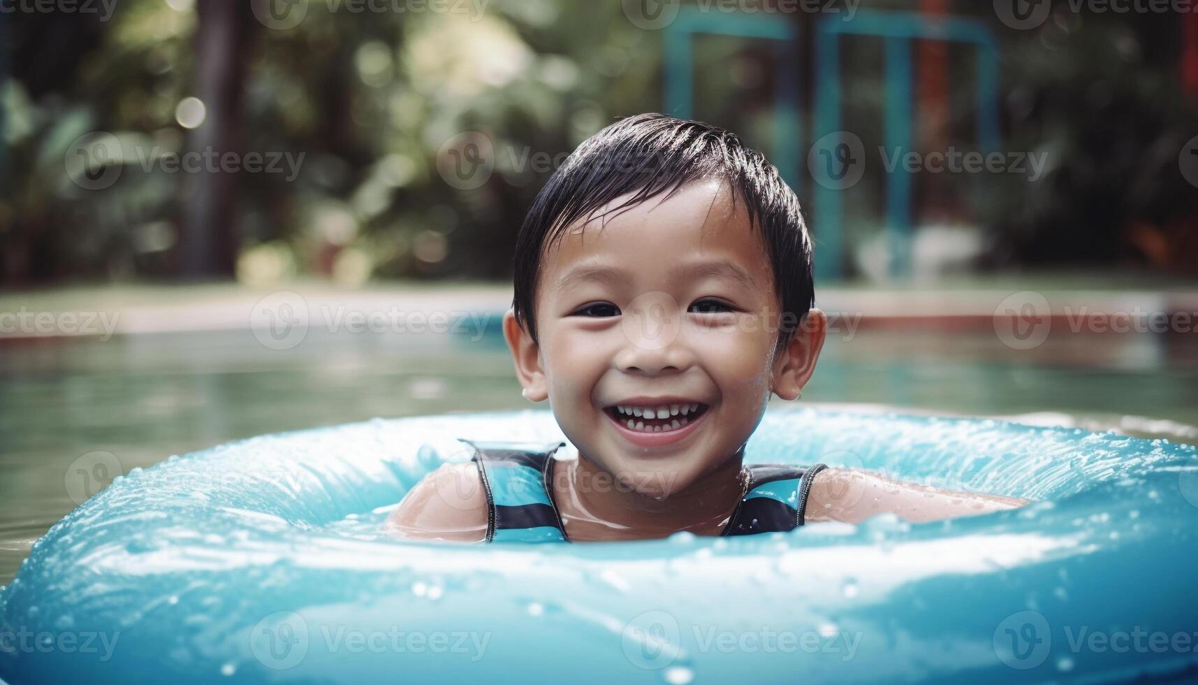 sonriente niñito disfruta divertido en el piscina generado por ai foto