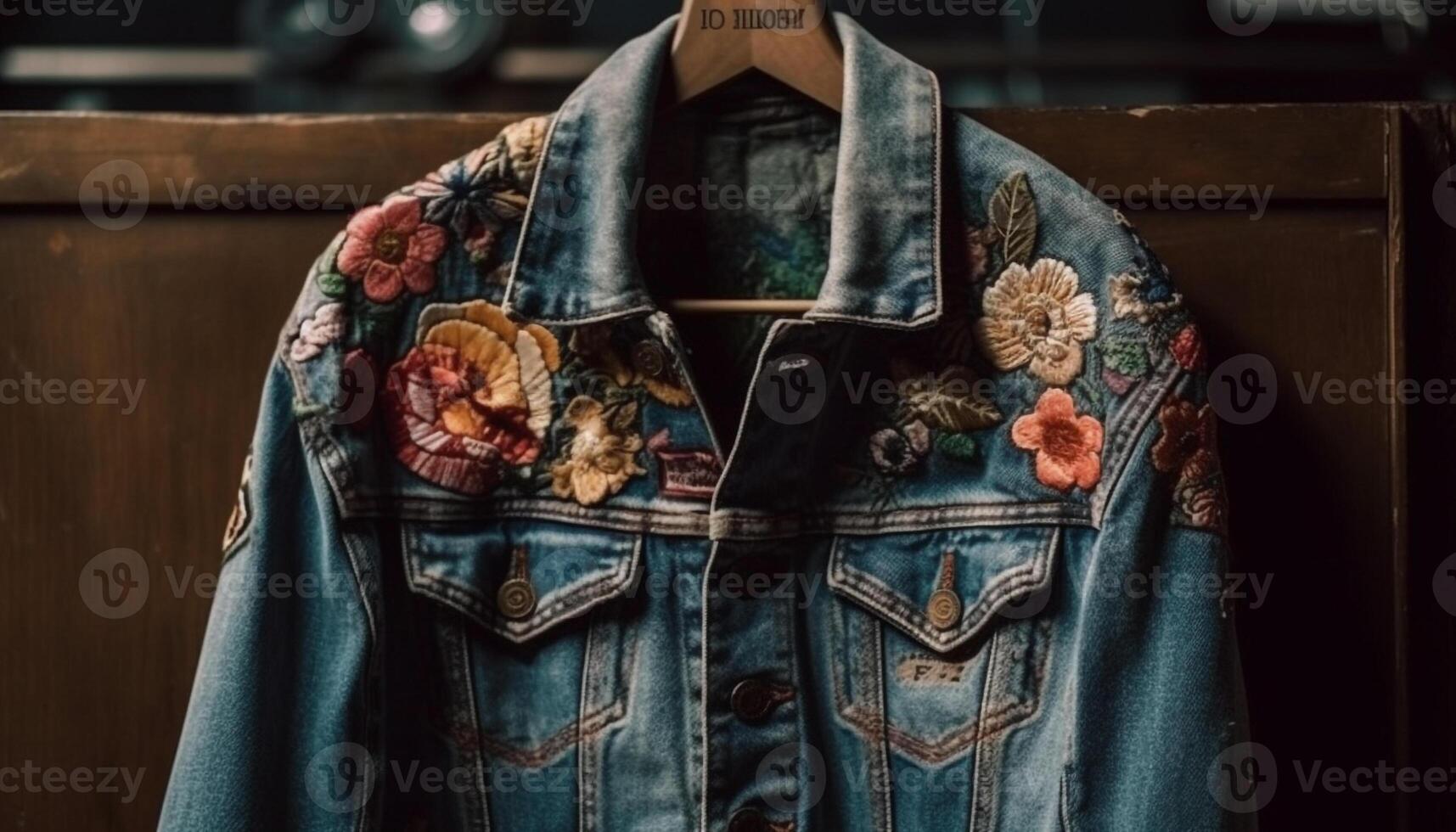 Denim jacket, leather pocket, fashionable men garment generated by AI photo