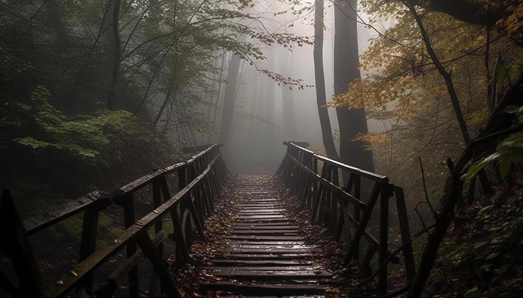 Walking on foggy footpath through autumn forest generated by AI photo