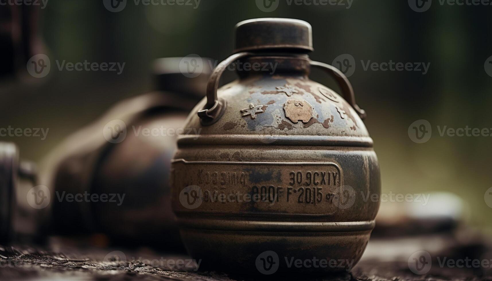 Rustic antique jug with rusty metal handle generated by AI photo