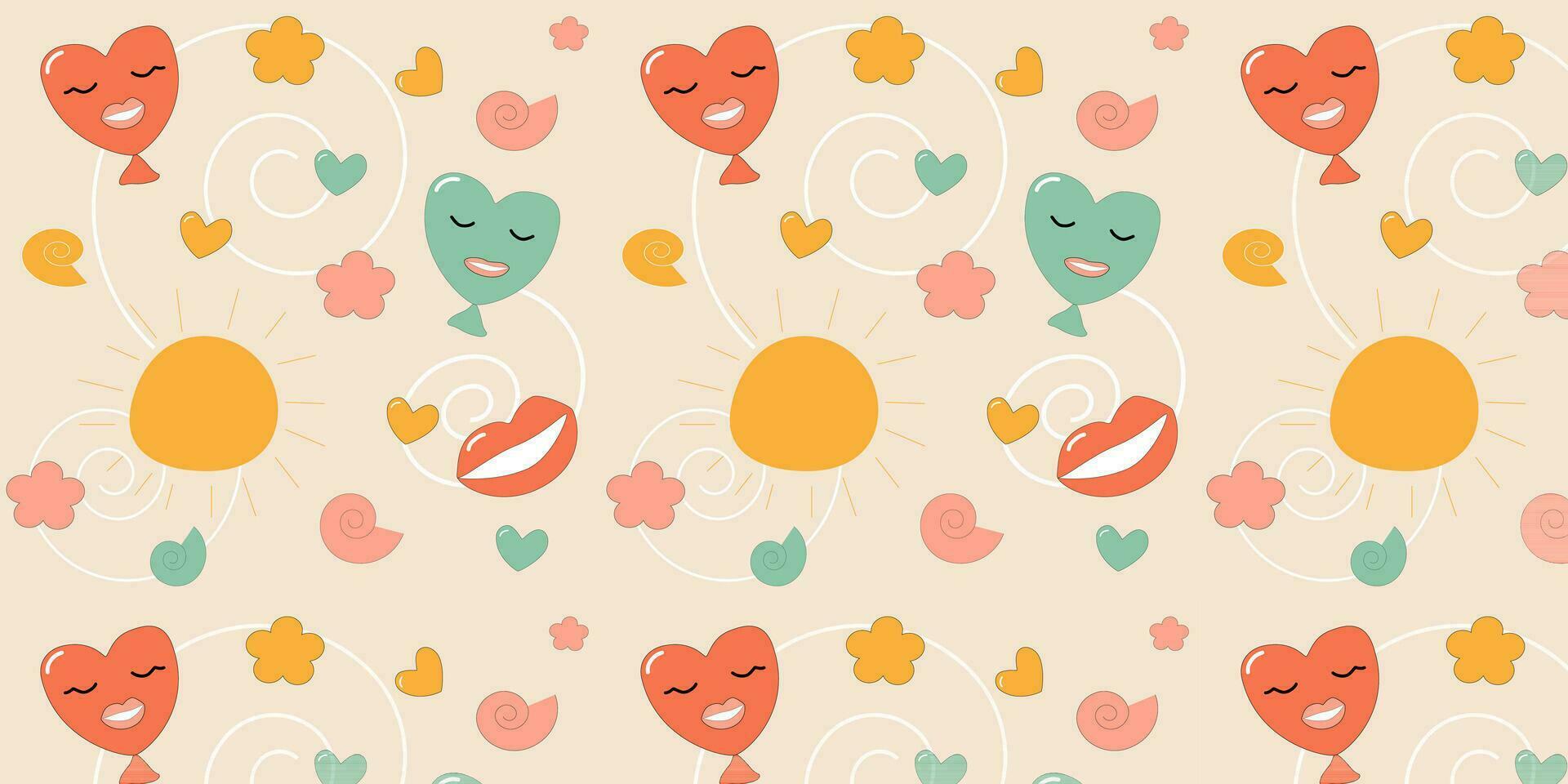 Seamless pattern vector background sun, heart, stars, flowers, lips, romance, valentine, childish. eps10 vector