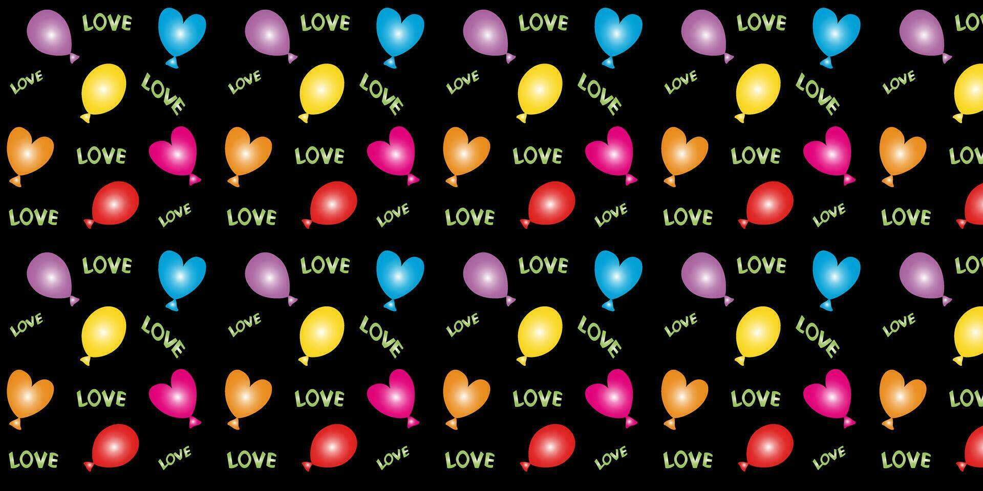 Seamless vector pattern. Bright balloons on a black background, text love, festive romantic. EPS10 vector.
