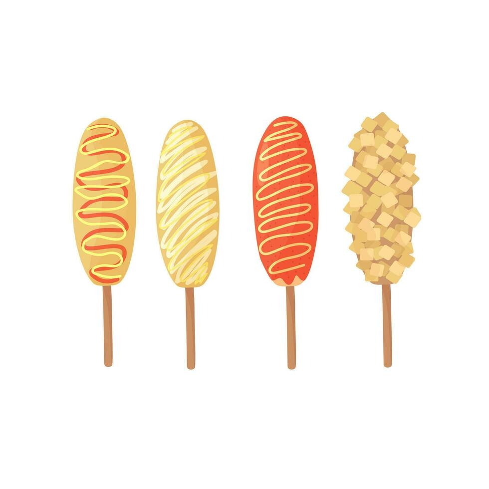 Korean street food. Corn dog with mustard, cheese and ketchup. Vector isolated on white background.