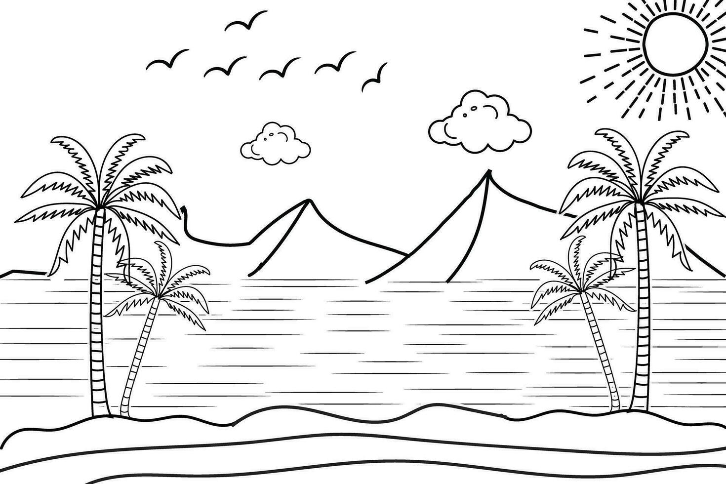 Summer sunset tropical beach line art vector illustration, hand drawn sunset and sunrise outline landscape tropical beach, palm tree with sunset waves Nature view, Kids drawing Beach coloring pages
