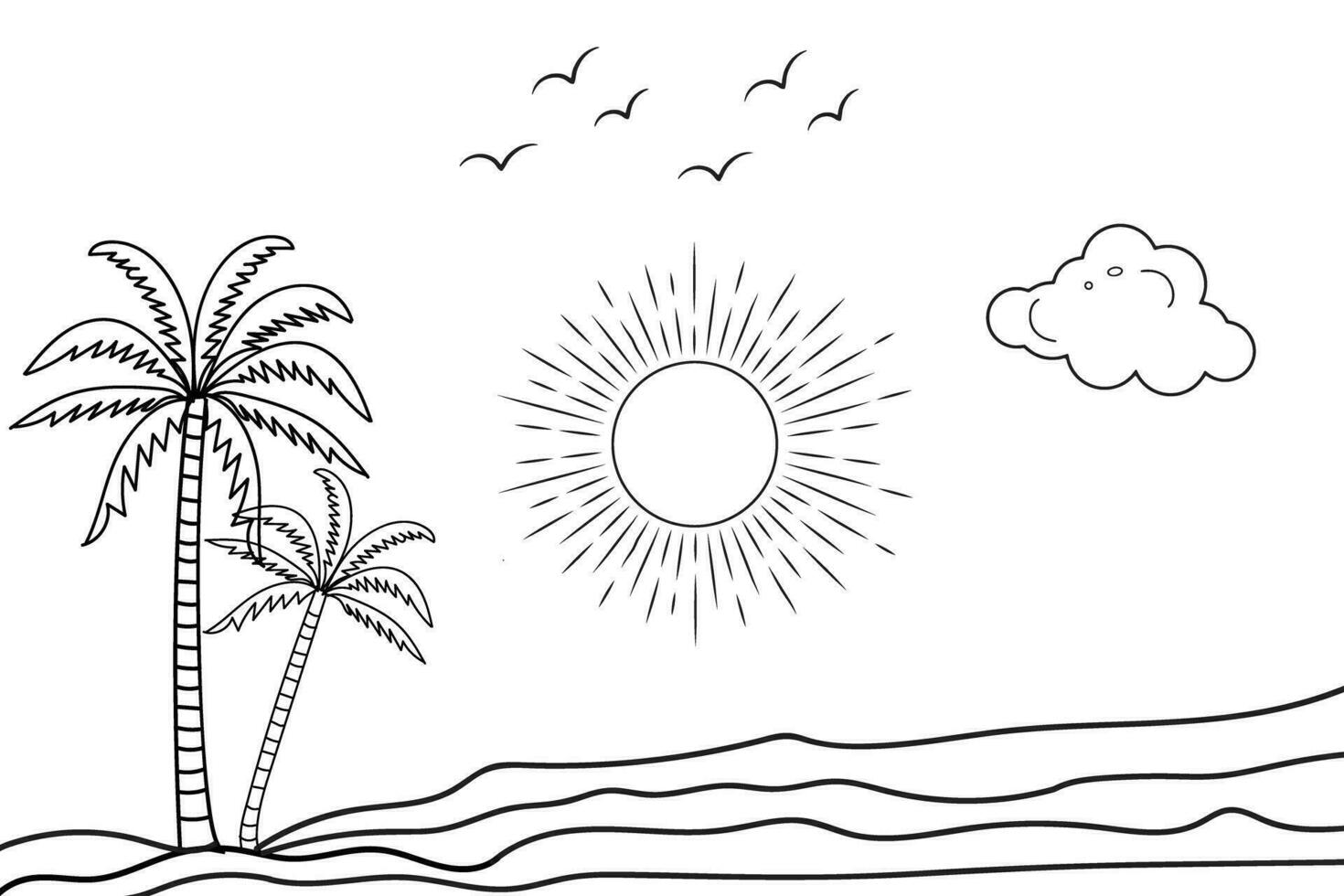 verano puesta de sol tropical playa línea Arte vector ilustración, mano dibujado puesta de sol y amanecer contorno paisaje tropical playa, palma árbol con puesta de sol olas naturaleza vista, niños dibujo playa colorante paginas