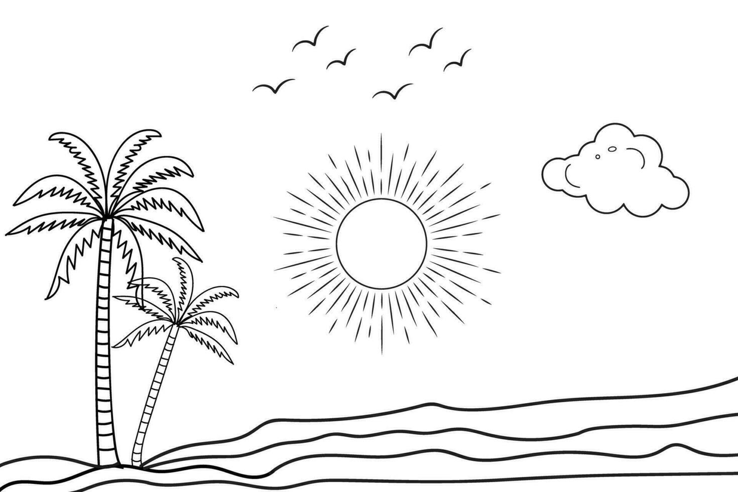 Summer sunset tropical beach line art vector illustration, hand drawn sunset and sunrise outline landscape tropical beach, palm tree with sunset waves Nature view, Kids drawing Beach coloring pages