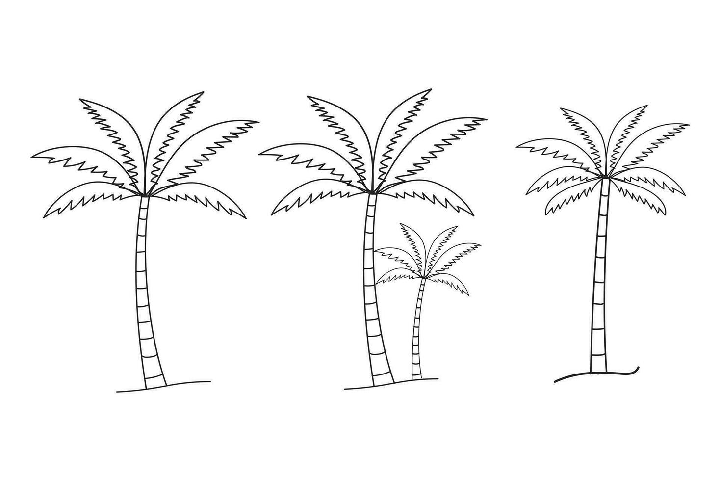 set of hand-drawn line art palm trees vector, summer sunset Tropical beach palm tree vector silhouette, summer beach element, line art coconut tree vector illustration, natural Palm tree Art