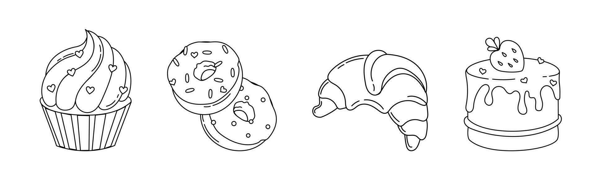 Cakes Ice cream Desserts Set of drawings Vector black and white illustration Isolated on a white background