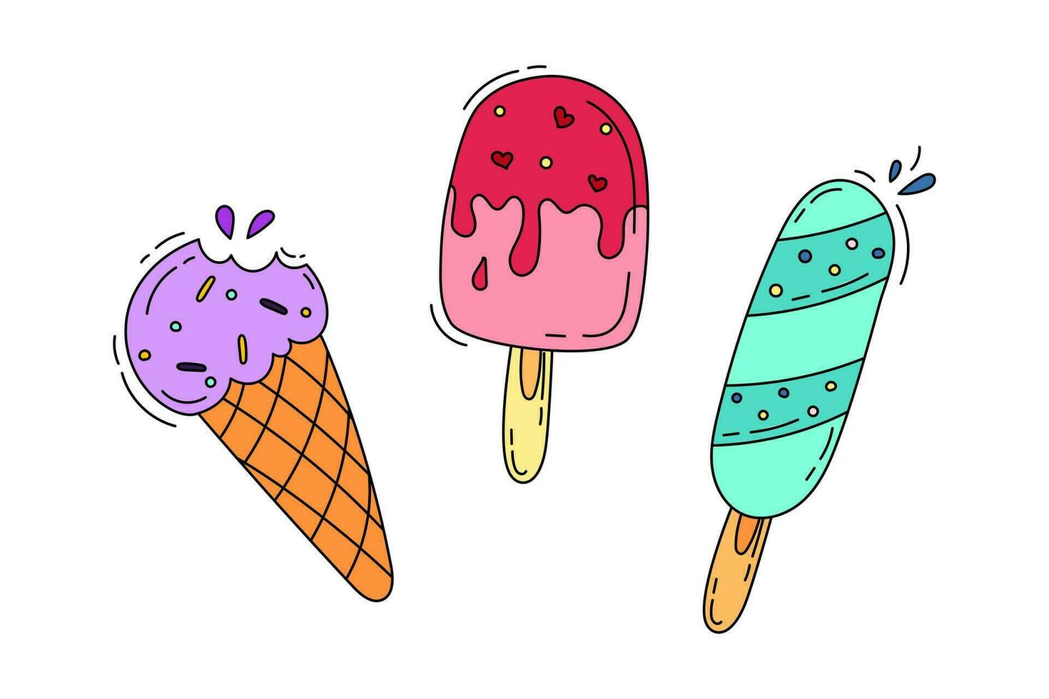 Desserts ice cream and Cakes Set Doodle Vector color illustration Isolated on white background