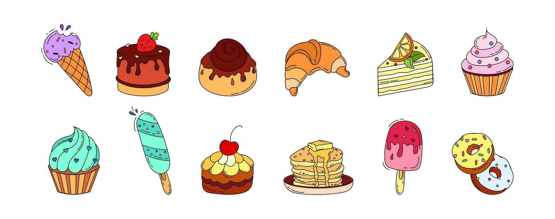 Desserts ice cream and Cakes Set Doodle Vector color illustration Isolated on white background