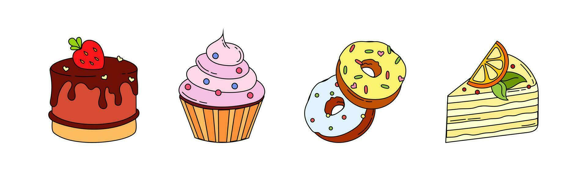 Desserts ice cream and Cakes Set Doodle Vector color illustration Isolated on white background