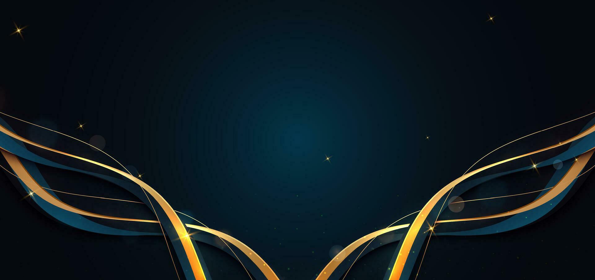 Abstract gold ribbon on blue background with lighting effect bokeh and