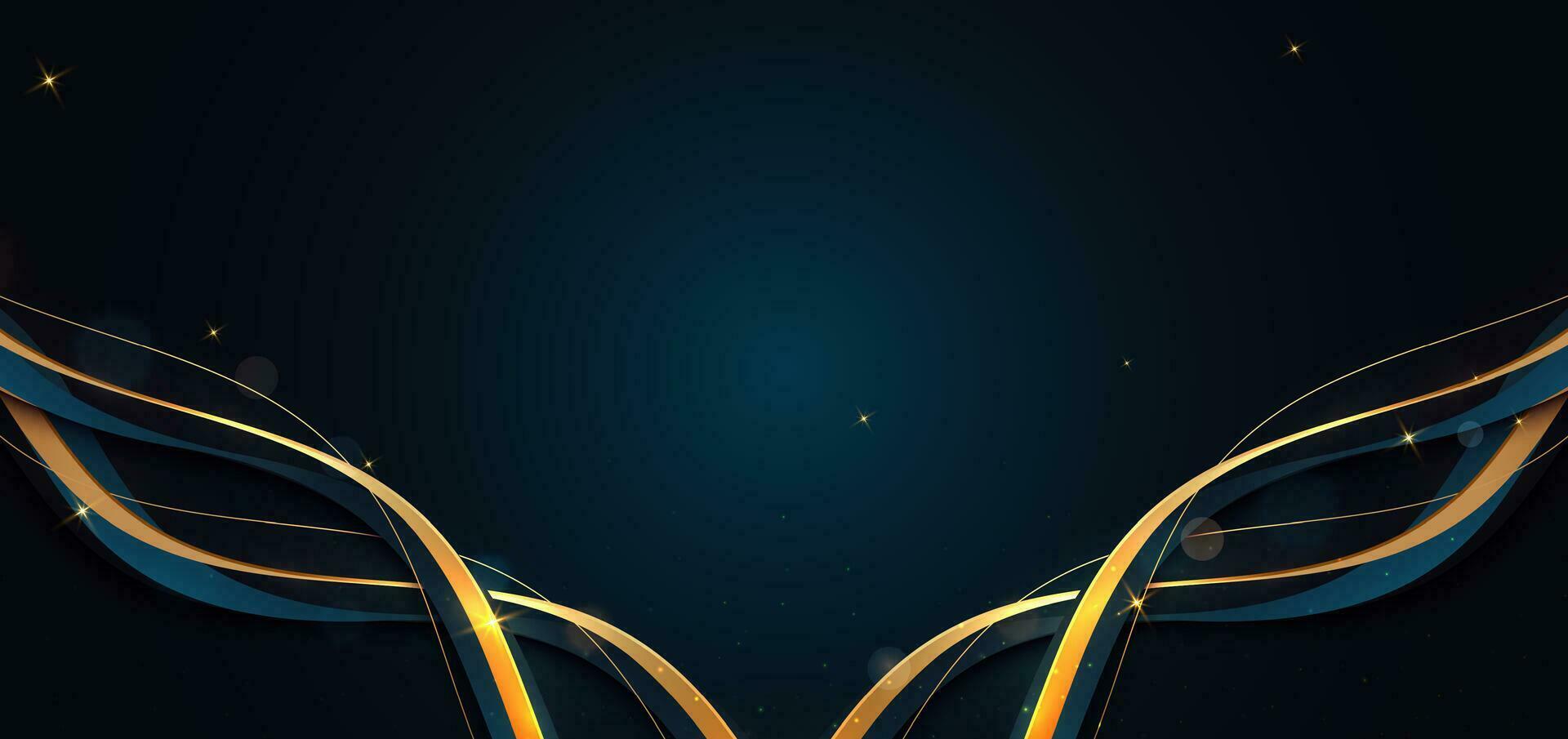 Abstract gold ribbon on blue background with lighting effect bokeh and copy space for text. Luxury design style. vector