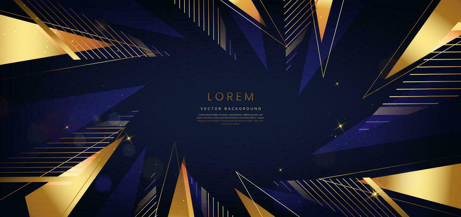 Luxury gold triangle elegant blue on dark blue background with golden lines and light effect and bokeh with copy space for text. vector