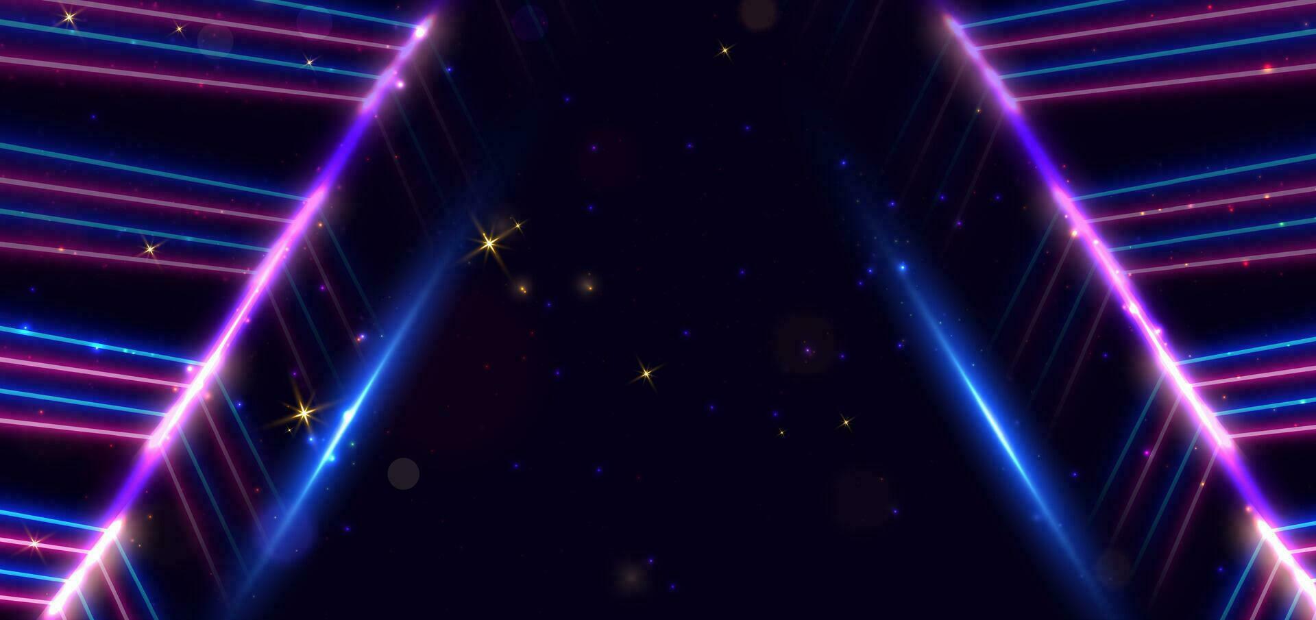 Abstract blue and pink neon diagonal glowing on dark dark blue background with sparkle. vector