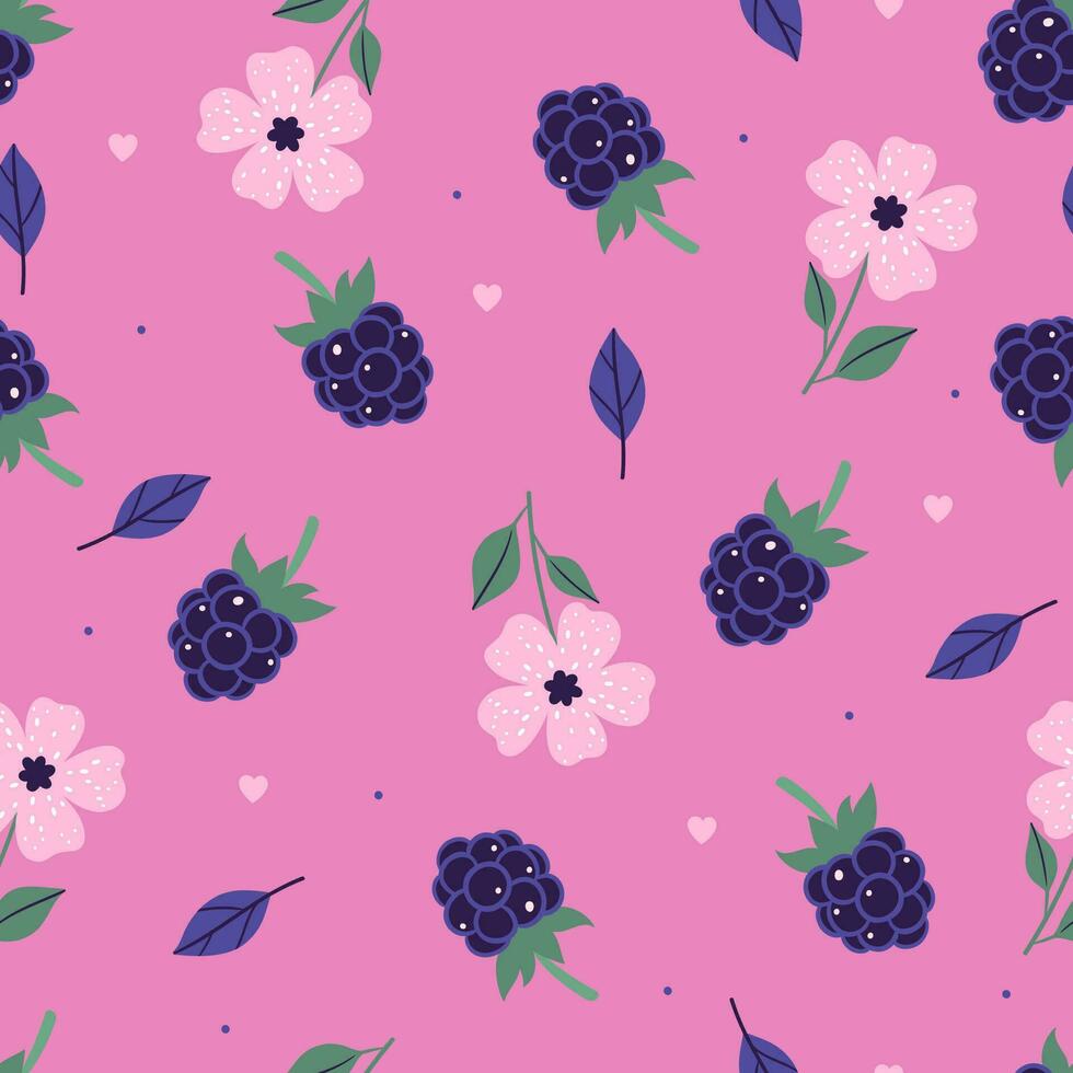 Seamless pattern with blackberries and flowers. Vector graphics.