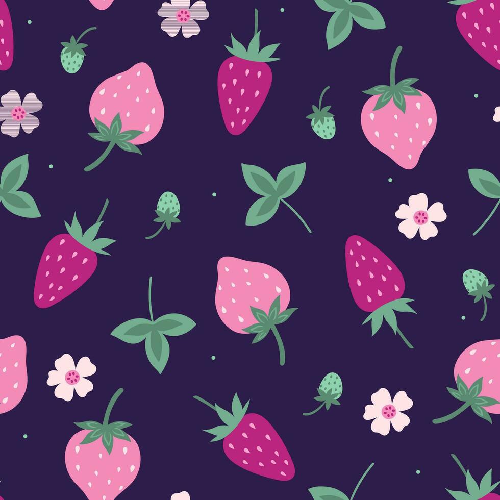 Seamless pattern with strawberries and leaves on a dark background. Vector graphics.