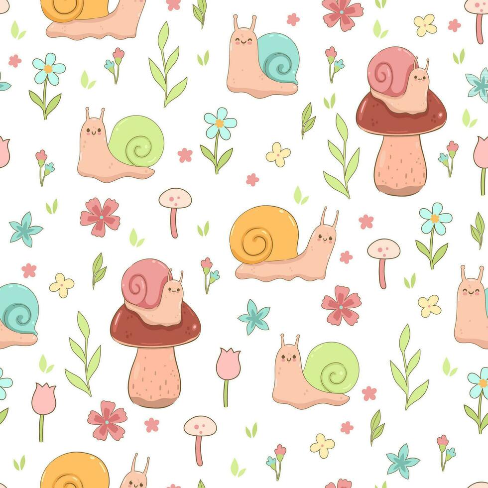 Seamless pattern with cute snails and flowers on a white background. Vector graphics.