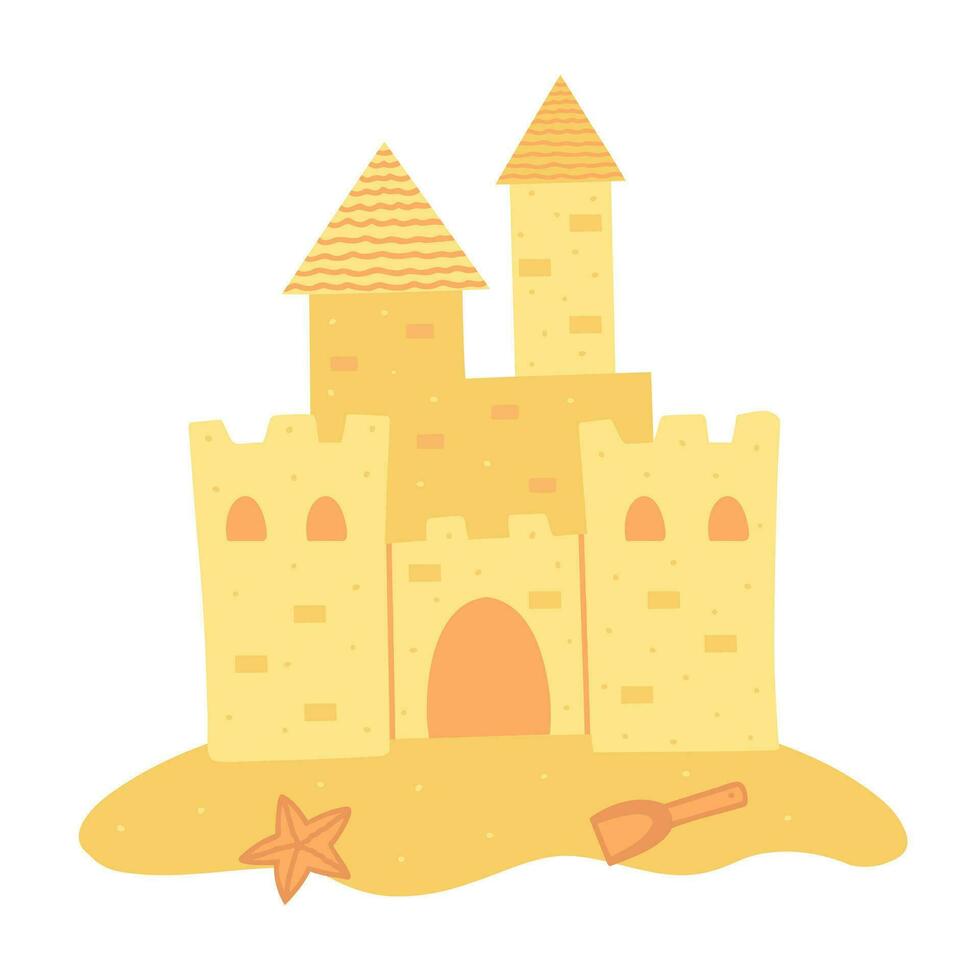 arena castillo, playa, estrella de mar y niños espátula. ilustración para impresión, antecedentes y embalaje. imagen lata ser usado para saludo tarjetas, carteles y pegatinas aislado en blanco antecedentes. vector