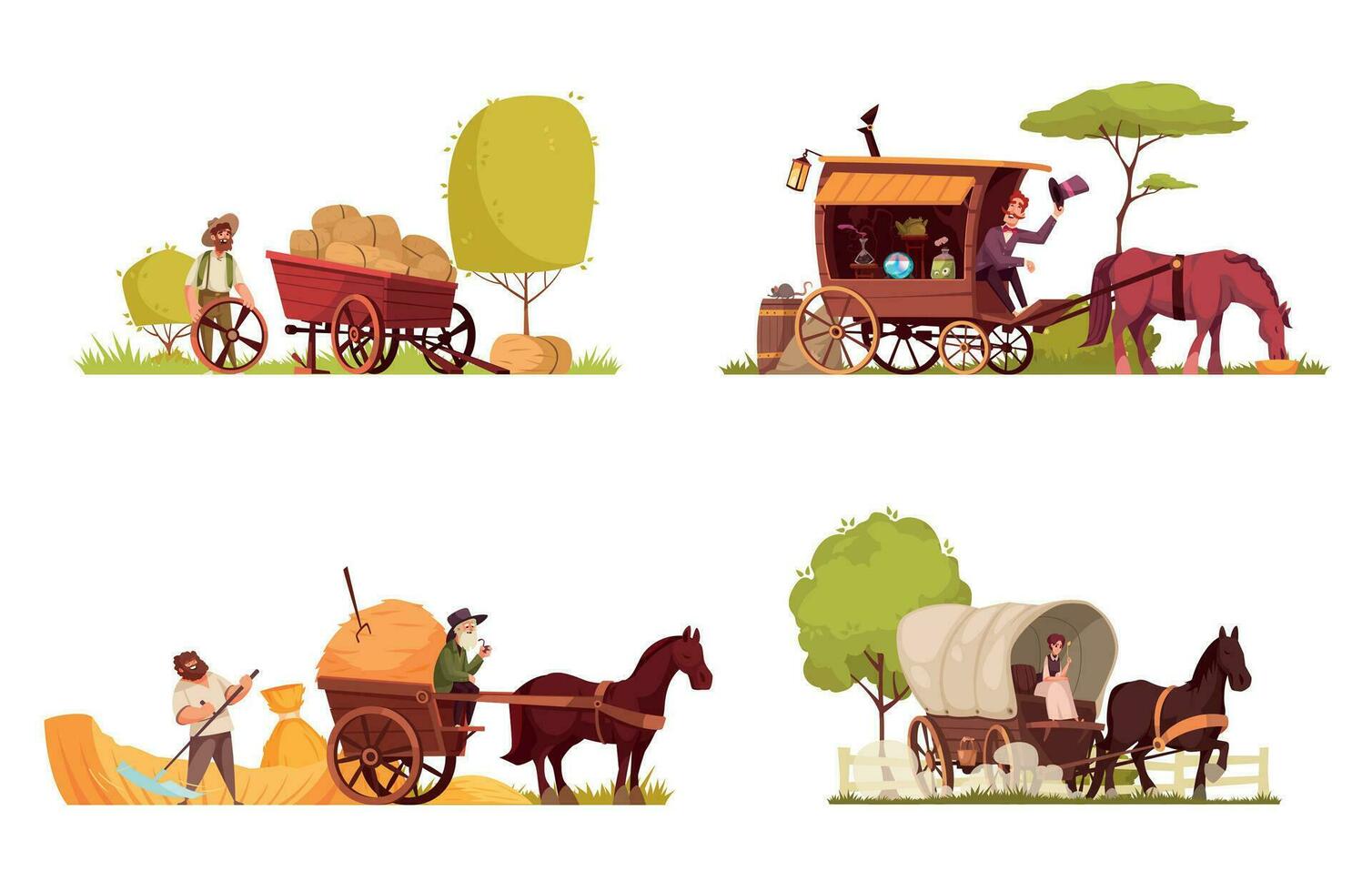 Horse Drawn Vehicles 2x2 Compositions Set vector