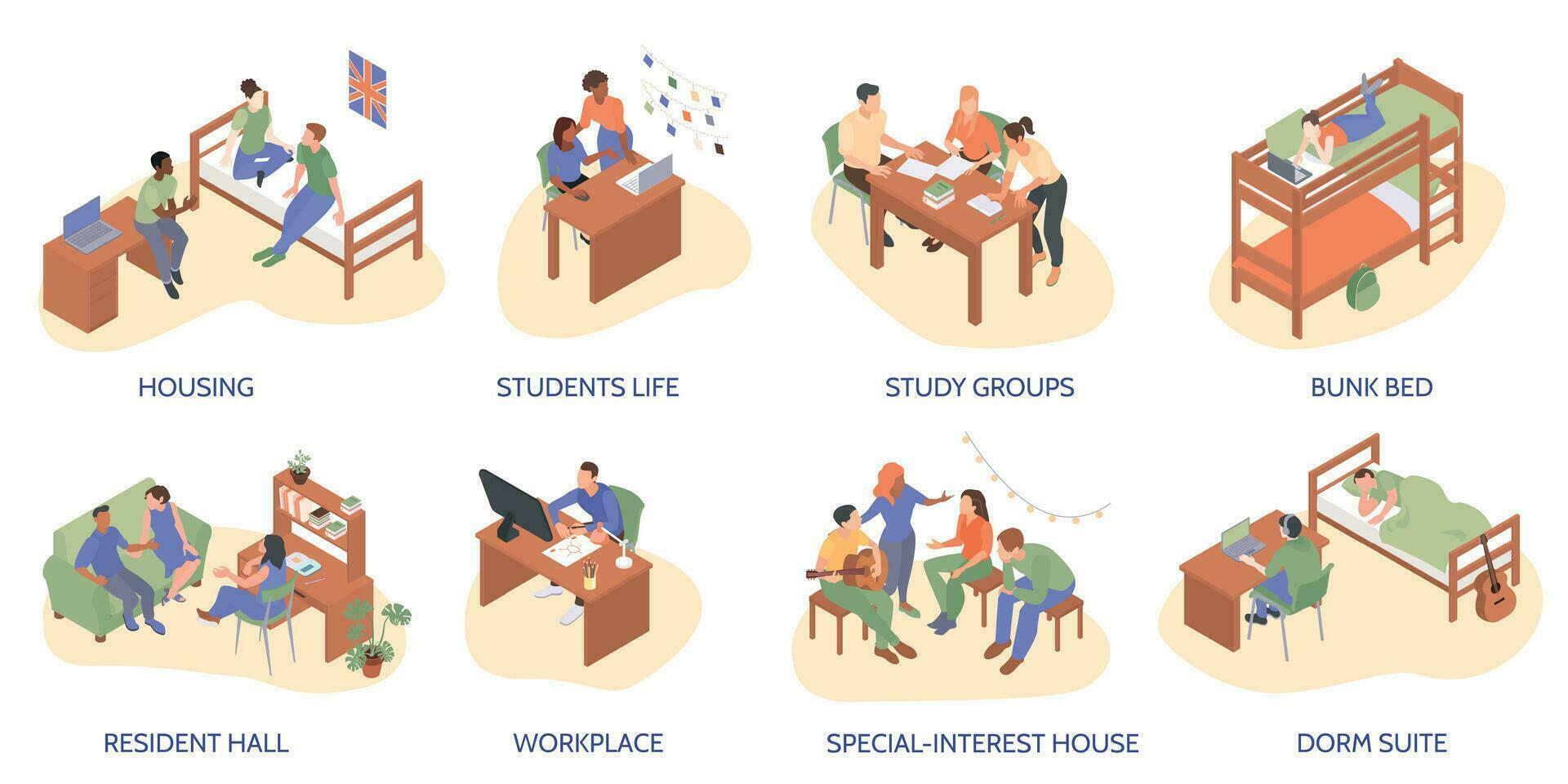 Student Dormitory Isolated Compositions vector