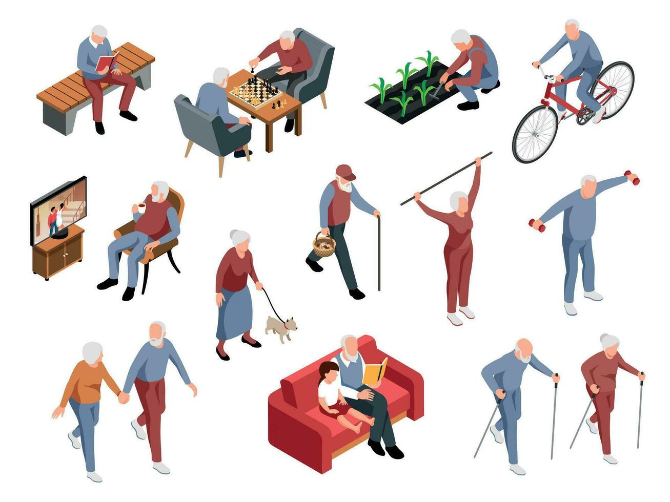 Isometric Old People Activity Icon Set vector