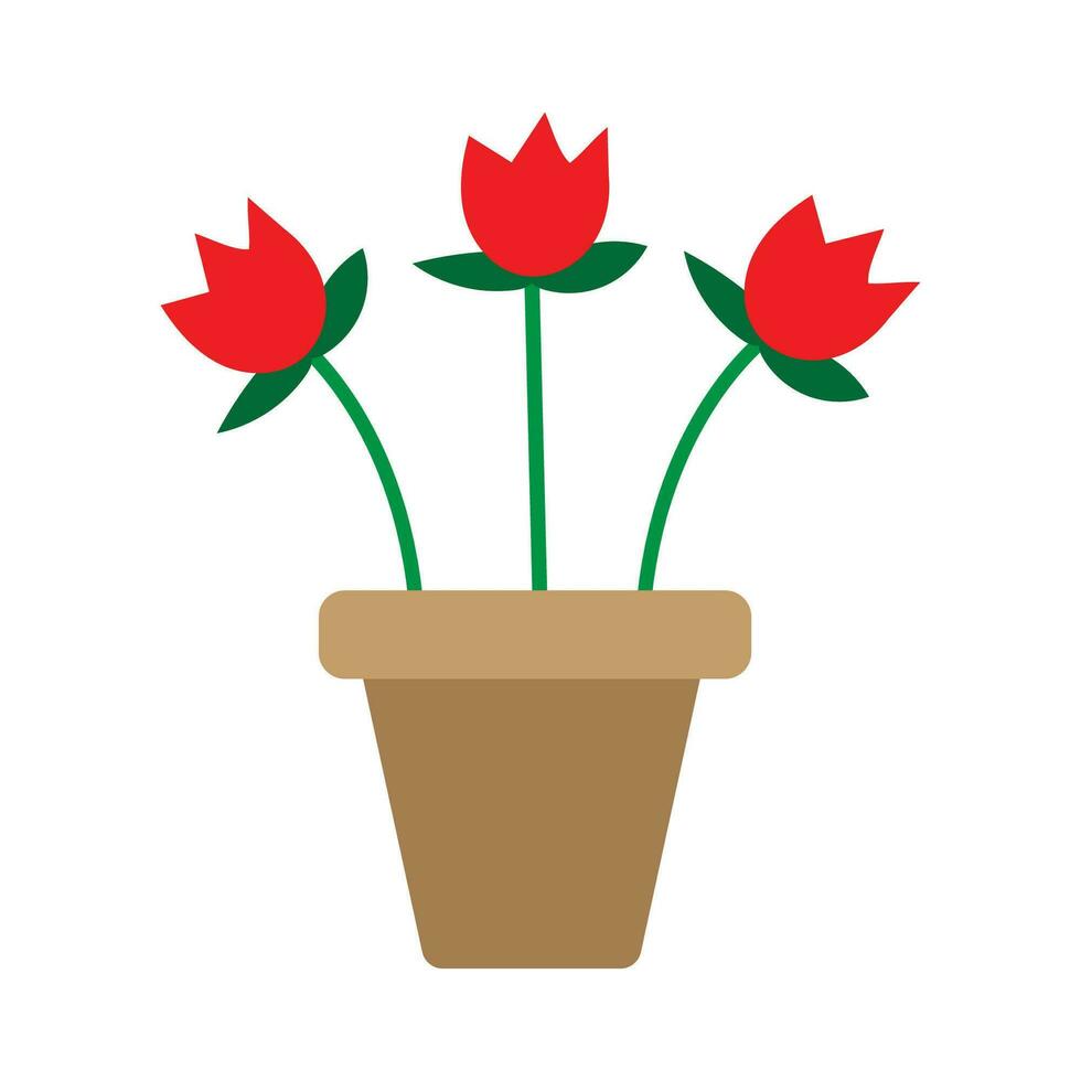 Red Tulips Flowers In A Clay Garden Pot Plant Flat Vector Illustration