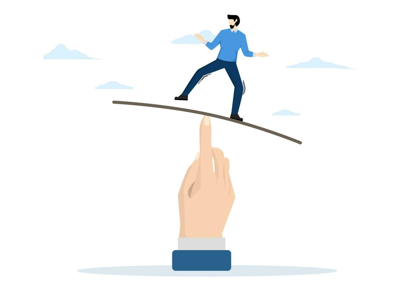 Work life balance. mental stability. Overcoming fear and obstacles, Equality. businessman standing on a seesaw to keep balance, flat vector illustration.