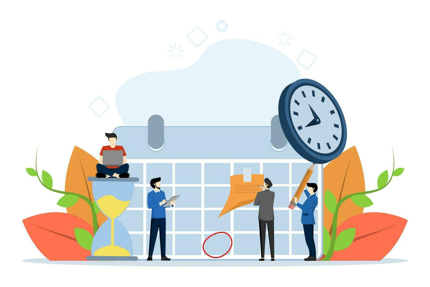 Planning strategy and time management. Planning schedule, business event and calendar concept. People with schedules, pens and notes setting up meetings. Vector illustration in flat cartoon design