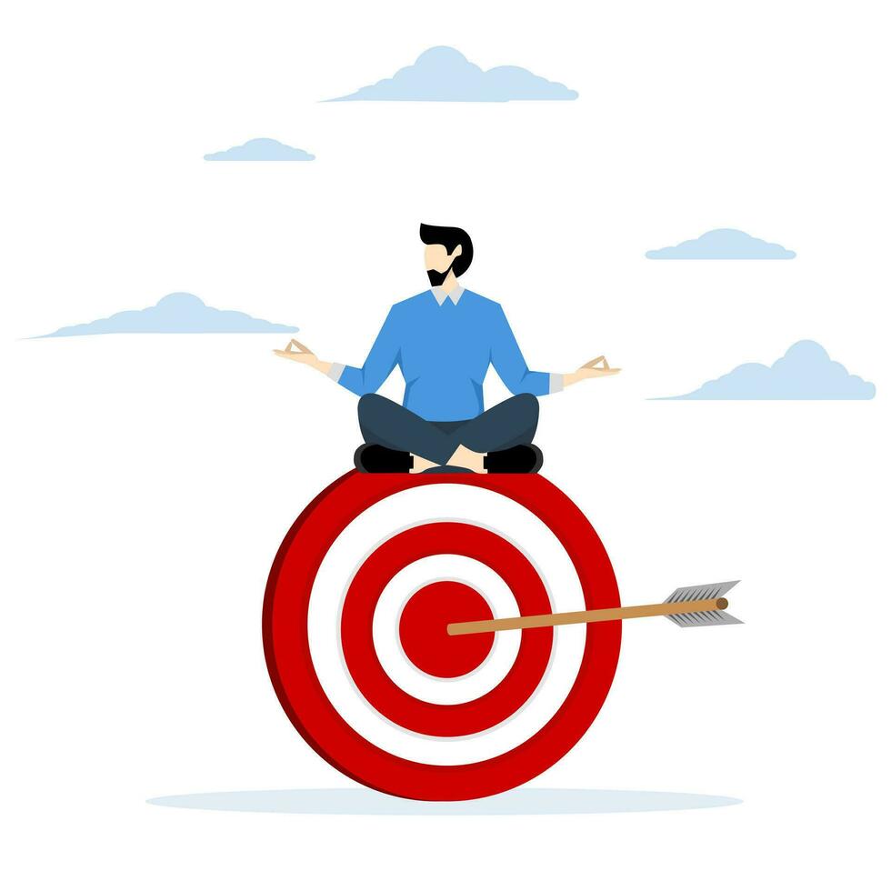 Stay focused and concentrate on goal, relaxing meditation concept to get rid of distractions, business aim or target, peaceful businessman meditating sitting and focusing on big archer target. vector
