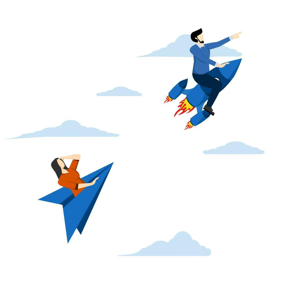 innovation and motivation, Leadership to win business competition, winner or competitive advantage for success in work concept, businessman driving fast rocket to win against other origami planes. vector