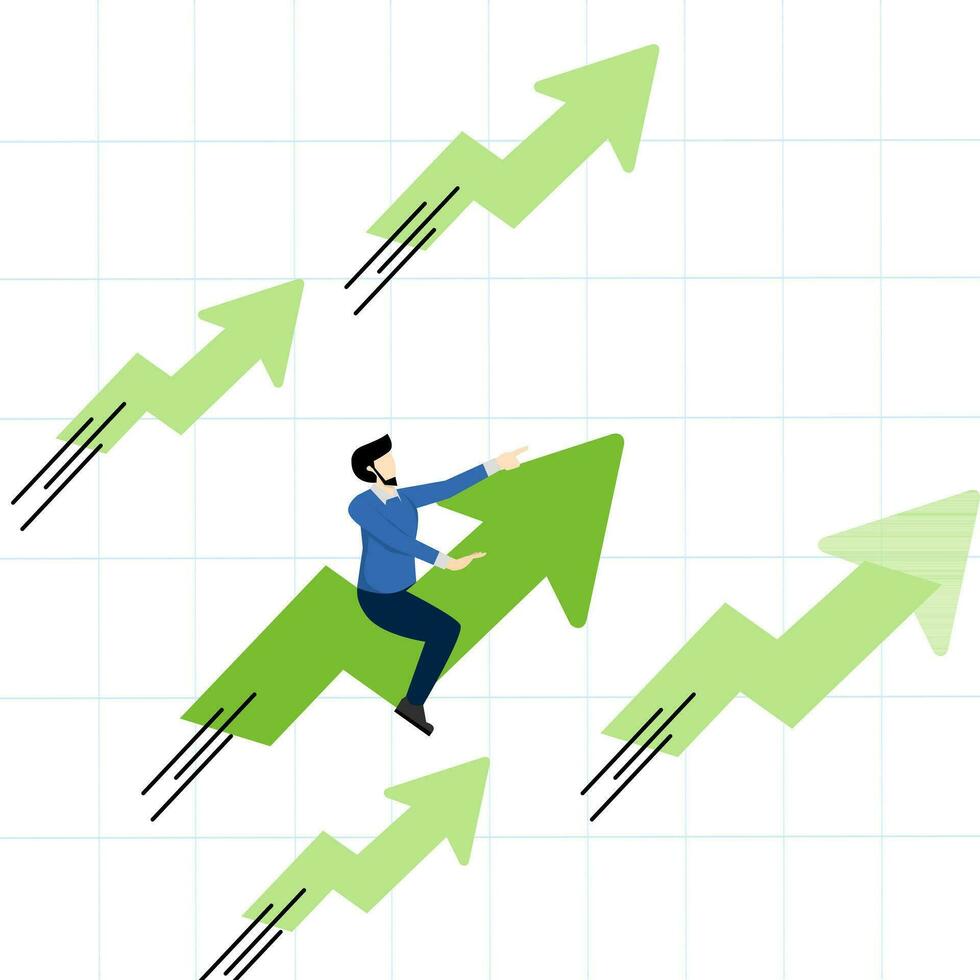 positive growing business or ambition to win investors concept, stock market price skyrocketing in bull market, confident businessman riding green chart with fast speed going up. vector