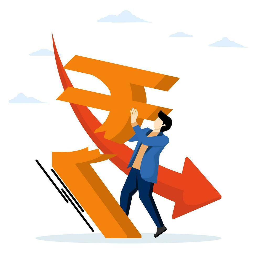 Indian Financial Crisis. rupiah currency crisis. Monetary policy crisis. Indian economic depression. A businessman tries to prop up a falling rupee symbol. vector illustration on a white background.