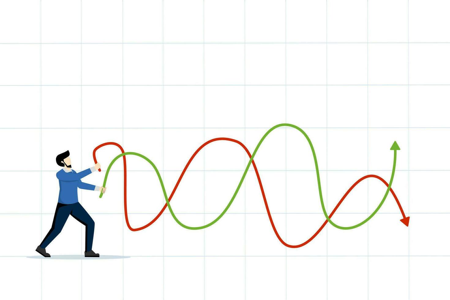 Stock market manipulation, control or influence crypto currency price or benefit or profit from investment authority concept, businessman market manipulator play battle rope to control market graph. vector