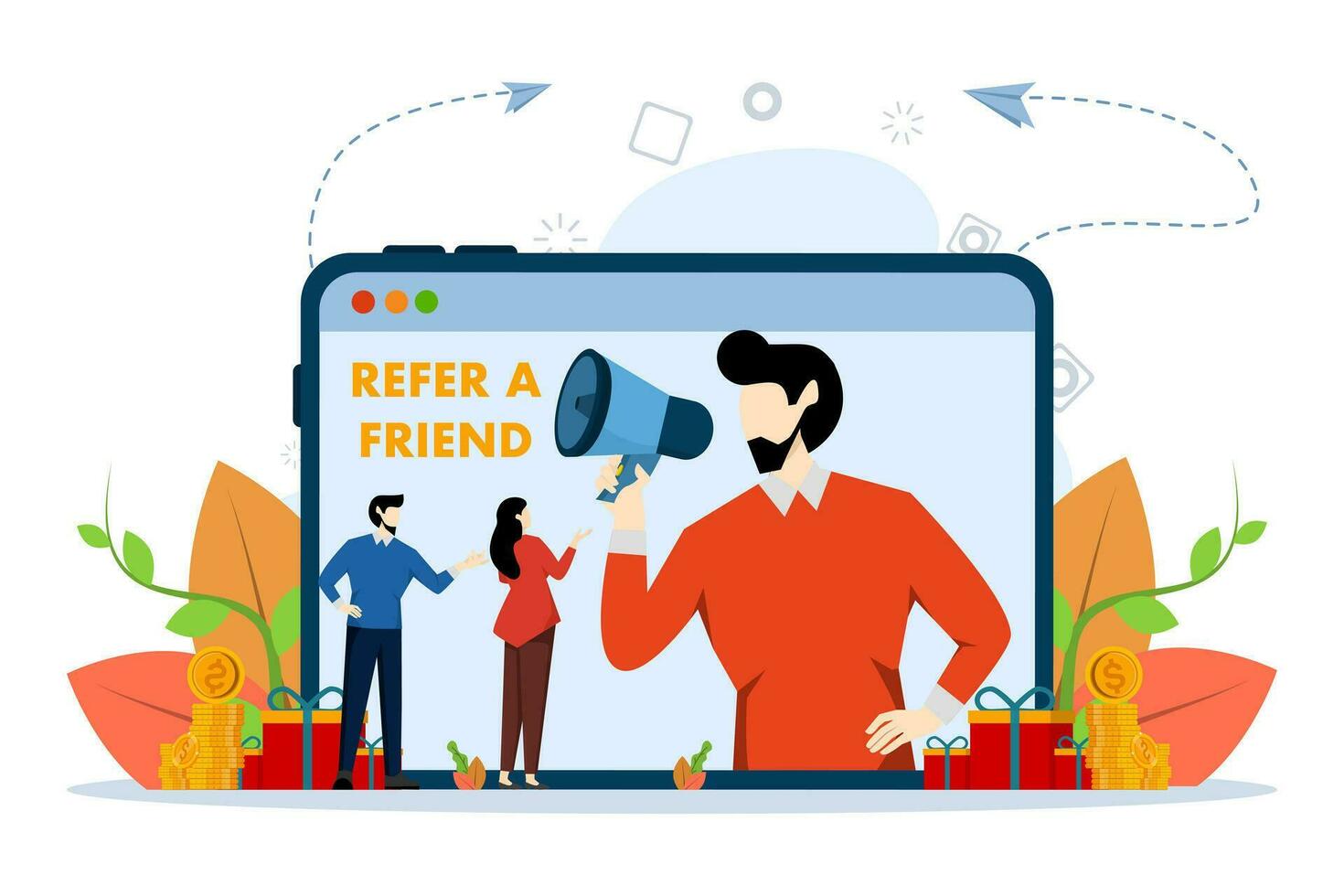 Refer a friend concept. Referral program vector illustration, man using megaphone with referring friend word, use for landing page, ui, web template, mobile app, poster, banner. vector illustration.