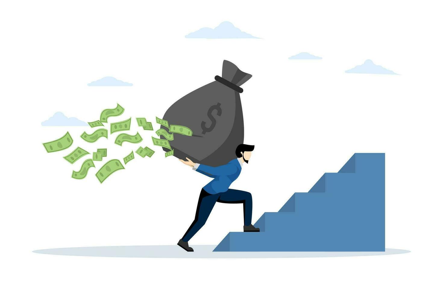 Losing money. Financial debt. What a waste of money. Cost growth. Crisis economy. Personal budget expenses. A young man or businessman loses his money. flat vector illustration.