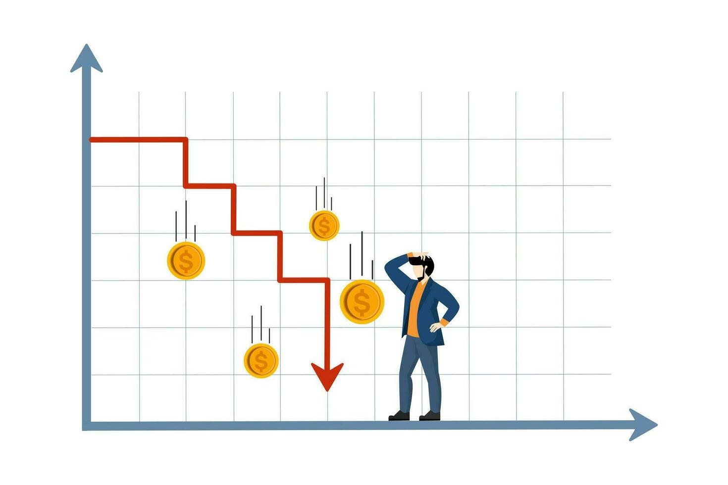 financiero crisis, arriesgado inversión estrategia, repentino valores mercado chocar, pérdida de dinero, devaluación de capital, malo económico situación, empresario rompió debido a que cae flecha cuadro. vector ilustración