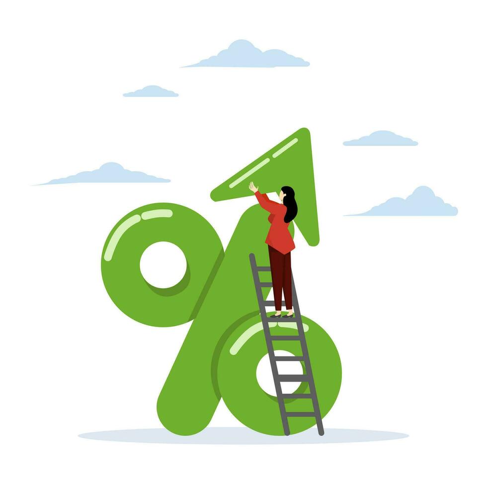 Interest rate, investment profit or dividend increase concept, tax or VAT increase concept, loan and mortgage rate increase trend, banker entrepreneur, FED or government put arrow on percentage symbol vector