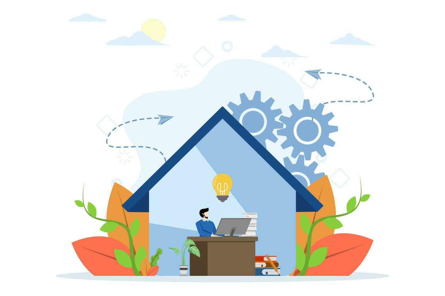 people working from home on internet online, creative space, freelancer working on laptop vector, hybrid worker who can work from home or to office. flat vector illustration on a white background.