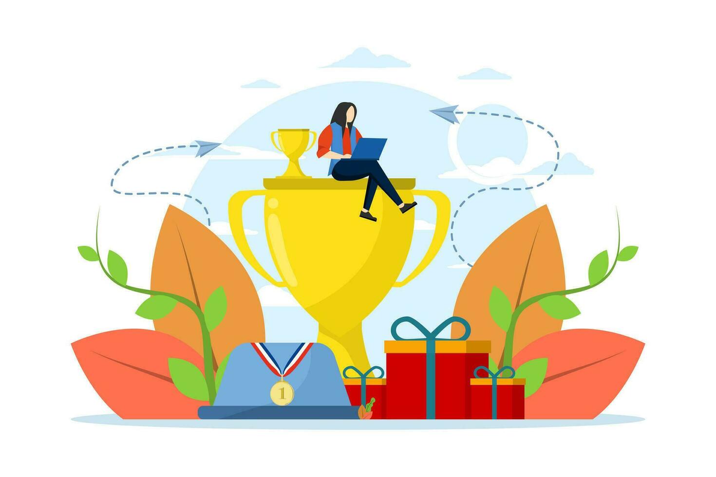 Woman sitting and holding winner cup. Rewards program and receive gifts. Concept of getting reward loyalty, bonus, business award. suitable for UI, mobile apps. flat vector illustration.