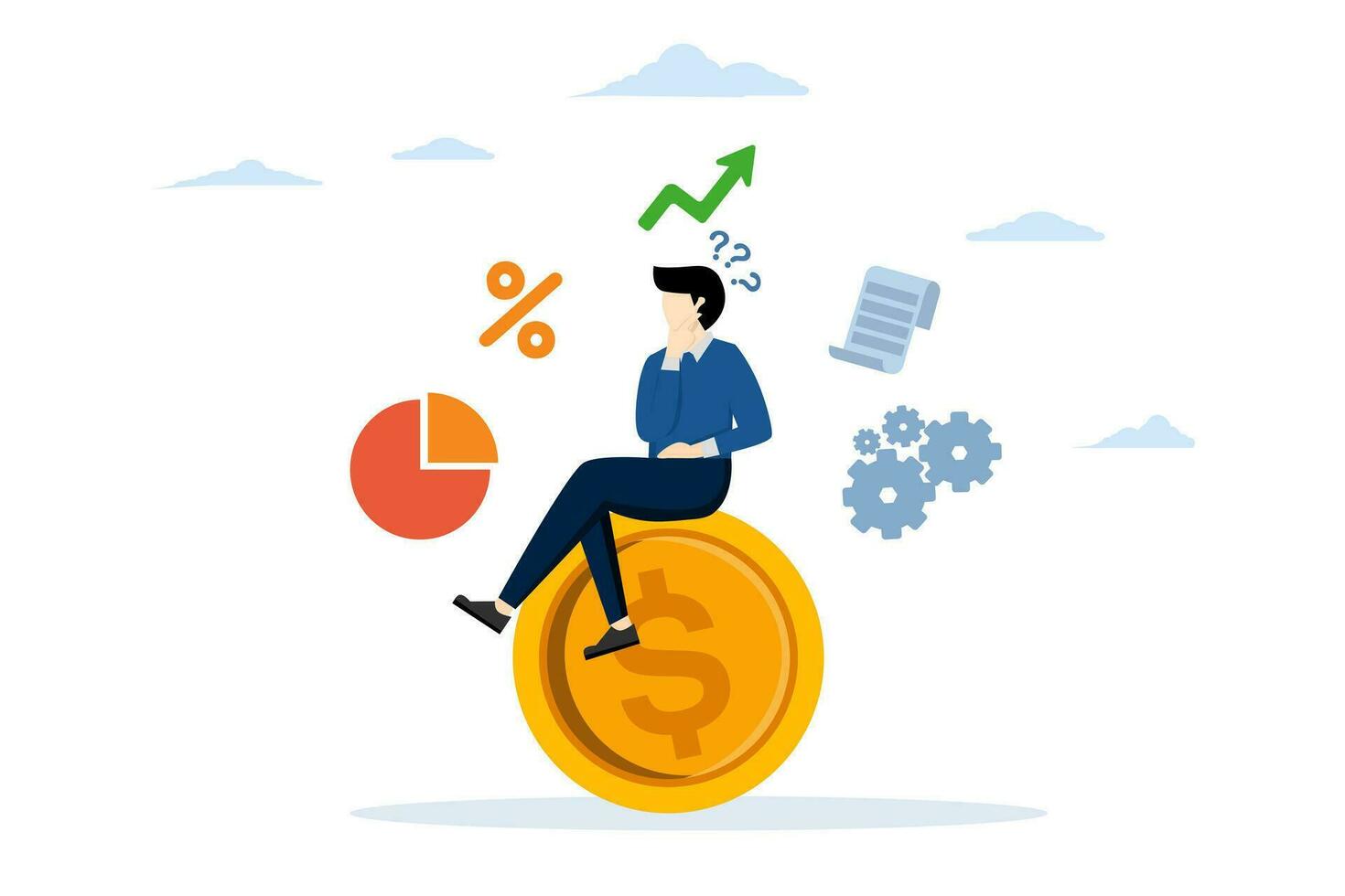 Money question, where to invest, pay off debt or invest for profit, concept of financial choice or alternative for making a decision. businessman sitting on coin and thinking about investment. vector