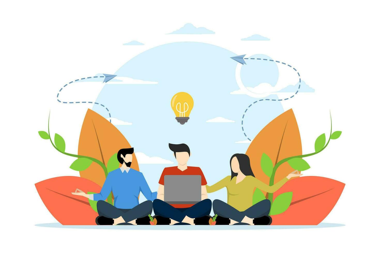meditation concept, health benefits for body, mind and emotions, thought process, initiating and searching for ideas, finding solutions, solving problems calmly, vector illustration in flat style.
