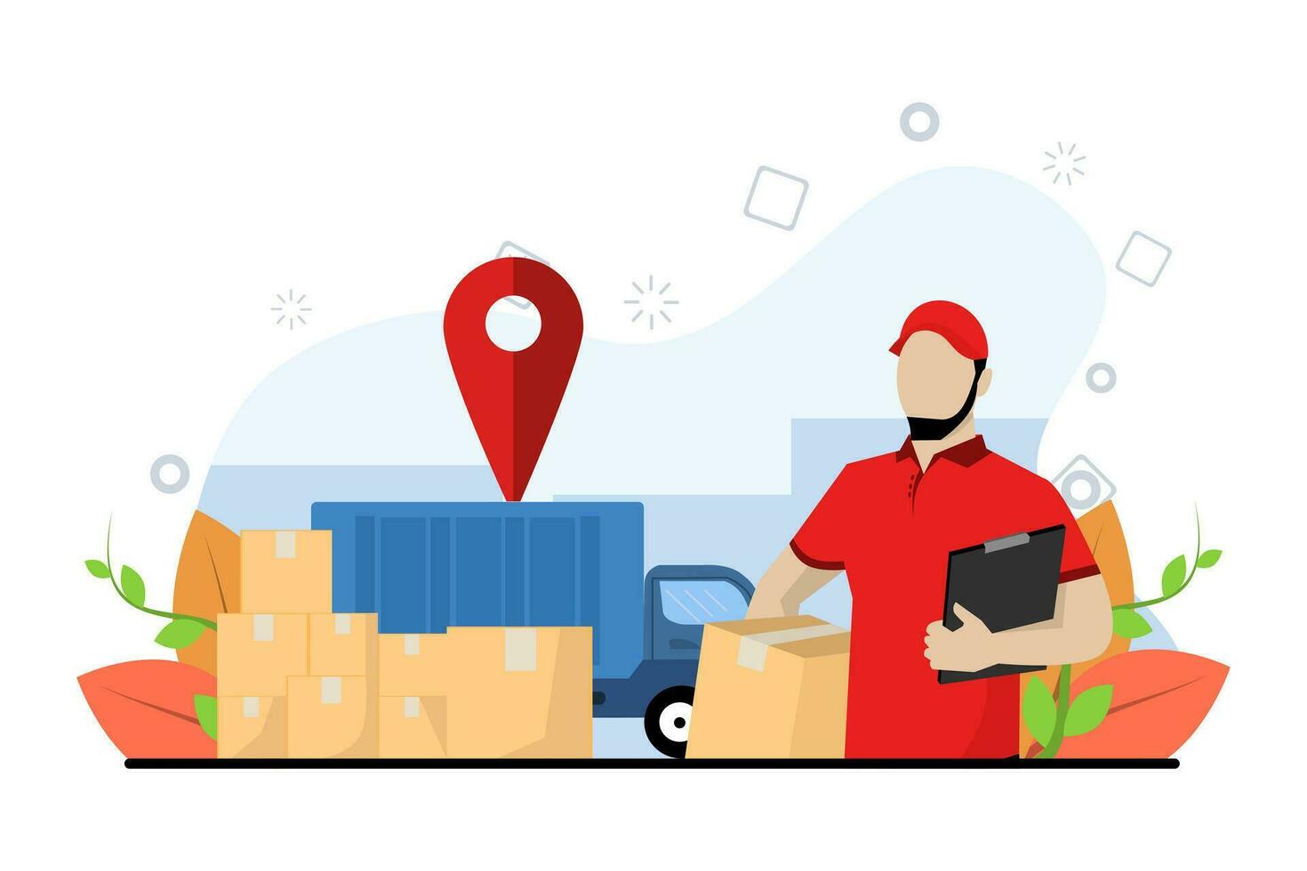 Delivery courier holding package with delivery truck in background. Courier Carrying Packages By Truck. Delivery man and track. Flat design modern vector illustration concept.