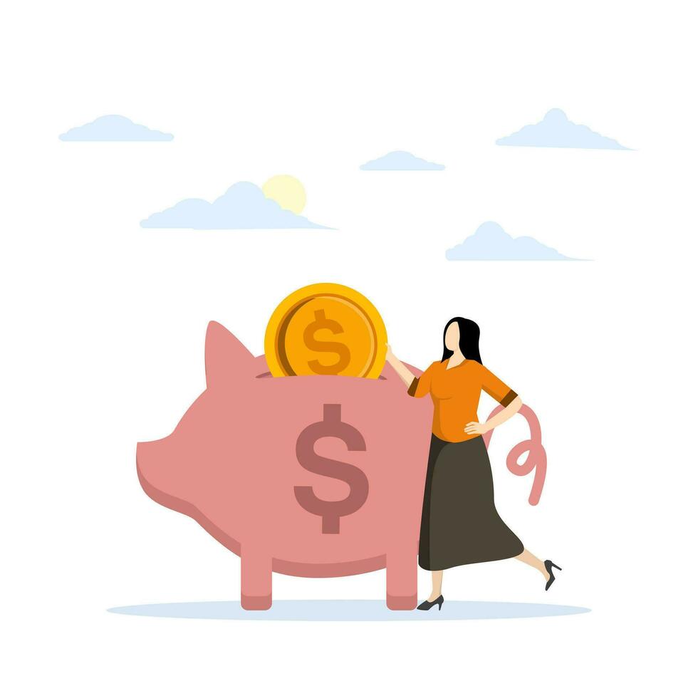 Saving money in a piggy bank, The first lump sum is deducted from income for saving, Set aside some money for saving, Youth or entrepreneurs and piggy banks. flat vector illustration.