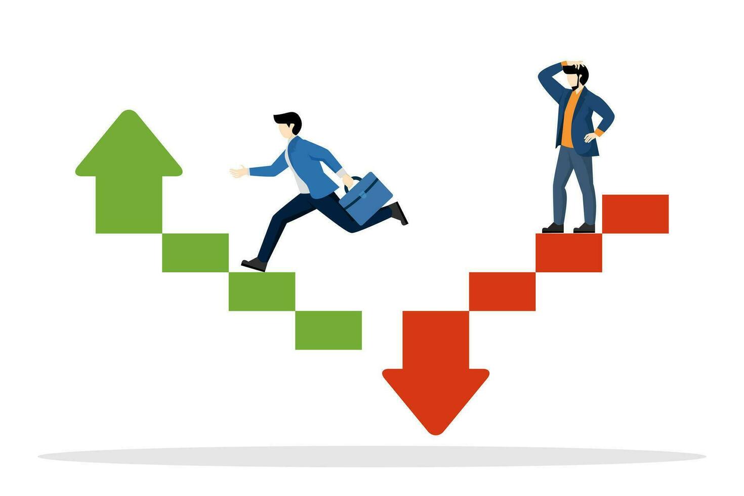 Ladder to success, Progress and setbacks in business concept. losses and gains in investment. Young sad businessman and happy businessman. flat vector illustration on a white background.