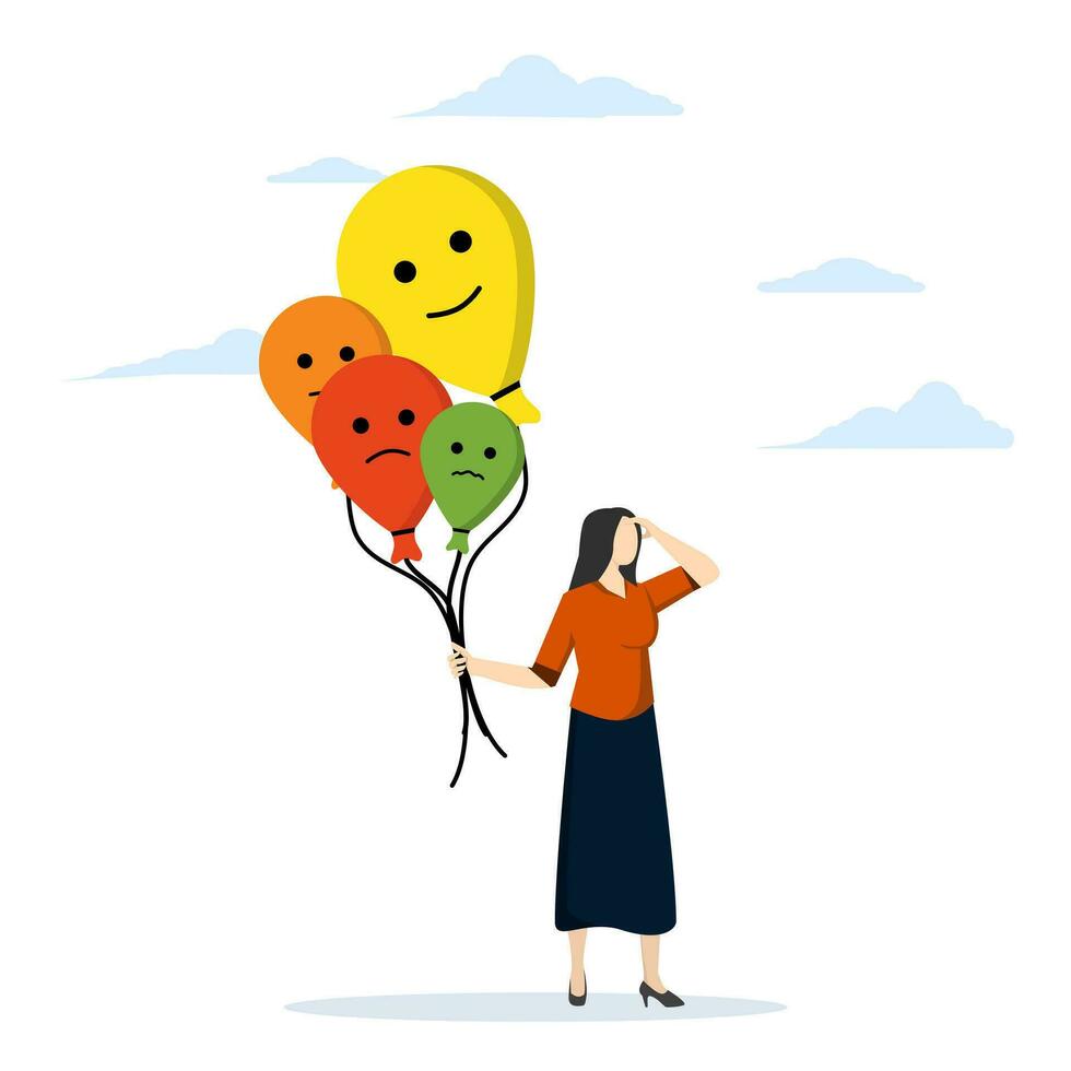 concept of feeling and expression, emotion control and self-regulation, stress management or mental health awareness, calm woman holding balloon with emotion or facial expression, happy, sad or scared vector