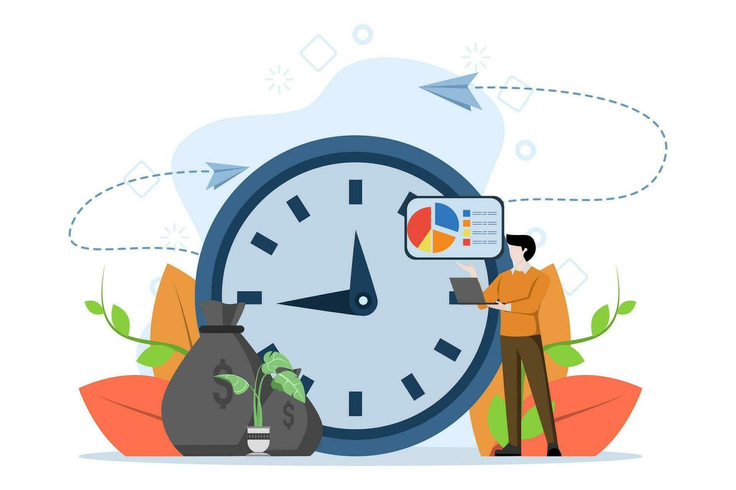 Businessman standing beside big clock, managing time and achieving success with his business. Finance concept, time management. self discipline. Time is money. Flat vector illustration.